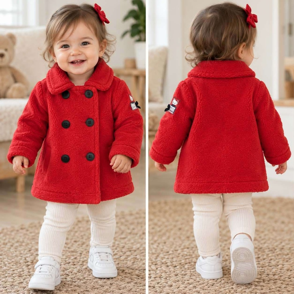 Vintage Celebrity Kids Petite Forest Red Fleece Peacoat Baby 6/9M Teddy Bear